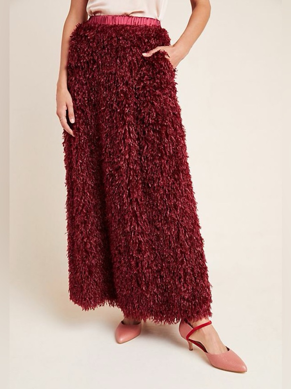 NWT Anthropologie Maroon Fringe Fuzzy Maxi Skirt sz M